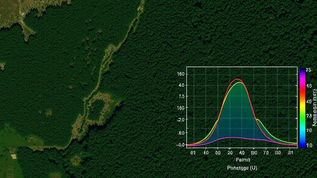 A high-resolution satellite image of a forest area with different types of vegetation, with a graph overlay showing the spectral signatures of various plant species.