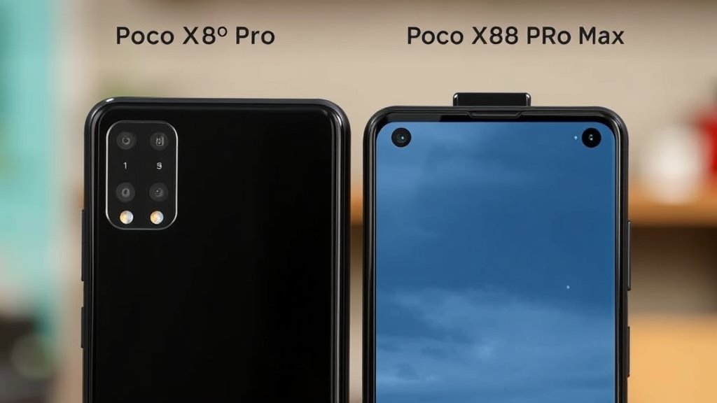 A high-quality image of the Poco X8 Pro and Poco X8 Pro Max smartphones side by side, with a blurred background and a focus on their design and display features.