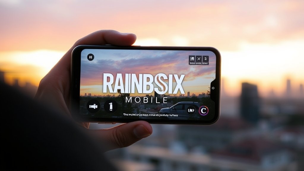 A person holding a smartphone with a Rainbow Six Mobile game interface on the screen, with a blurred background of a cityscape at sunset.