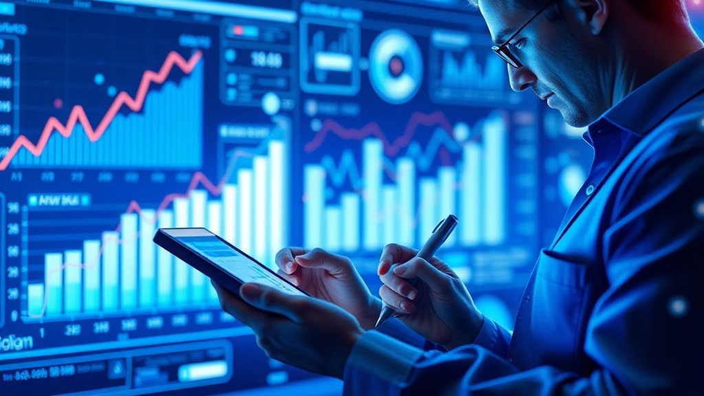 A futuristic image of a person taking notes on a digital device with an AI assistant in the background, surrounded by graphs and charts representing market growth and trends.