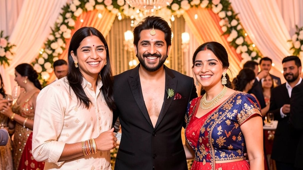 A photo of Allu Sirish, Ram Charan, and Upasana Konidela at the pre-wedding party with a luxurious background and happy faces.