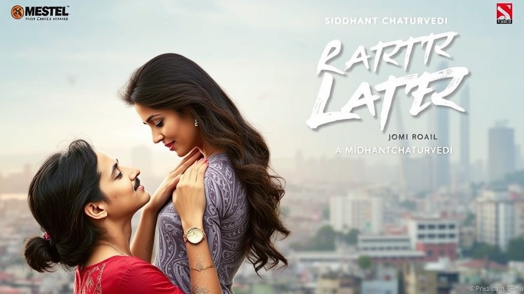 A movie poster featuring Siddhant Chaturvedi and Mrunal Thakur in a romantic pose, with a cityscape in the background.