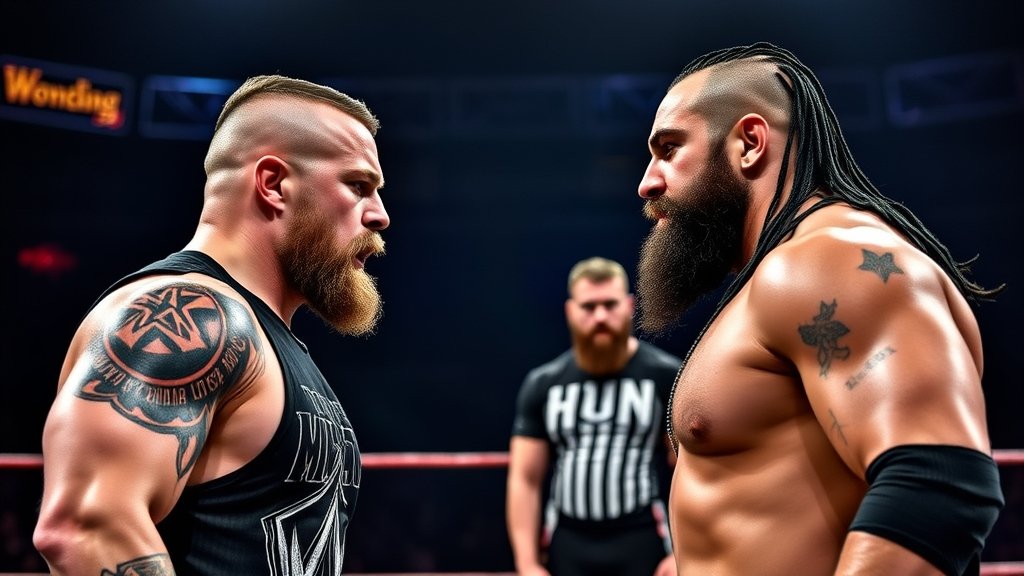 A dramatic image of Randy Orton and Aleister Black facing off in the ring, with Drew McIntyre standing in the background, looking intense.