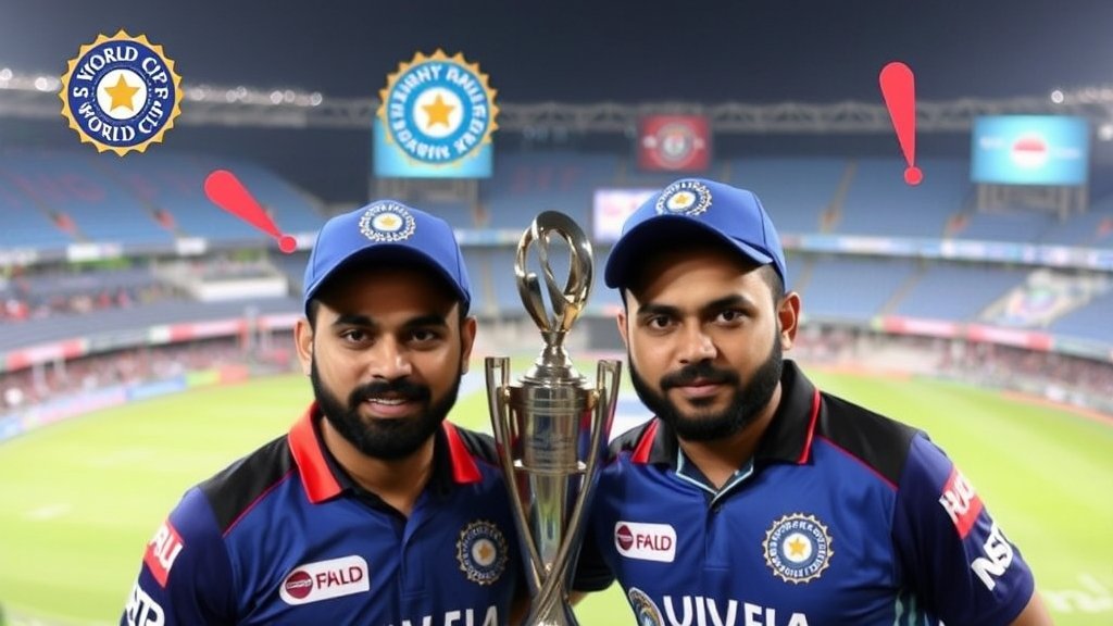 A photo of Suryakumar Yadav and Tilak Varma in a cricket stadium, with a subtle background of the Indian cricket team logo and the T20 World Cup trophy.