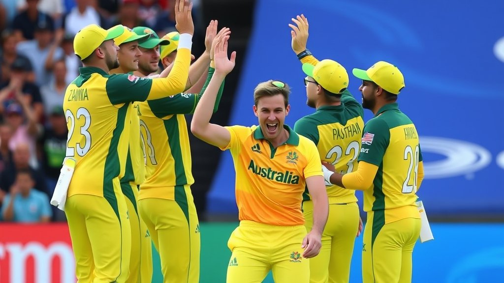 A photo of Australian cricketer Adam Zampa celebrating a wicket with his teammates during a T20 World Cup match against Oman