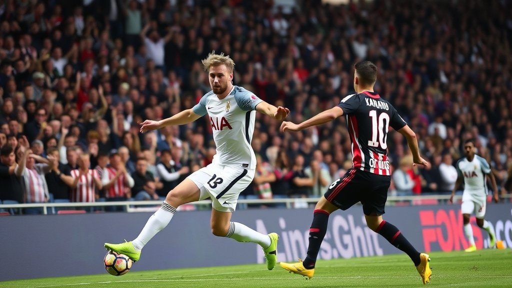 A dramatic photo of Harry Kane scoring a goal against Eintracht Frankfurt in a Bundesliga match, with the crowd cheering in the background