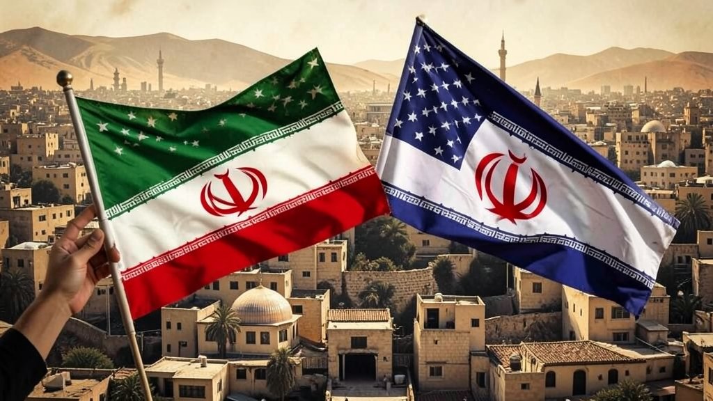 A dramatic illustration of the Iranian and American flags with a backdrop of a cityscape in the Middle East, symbolizing the escalating tensions between the two nations.