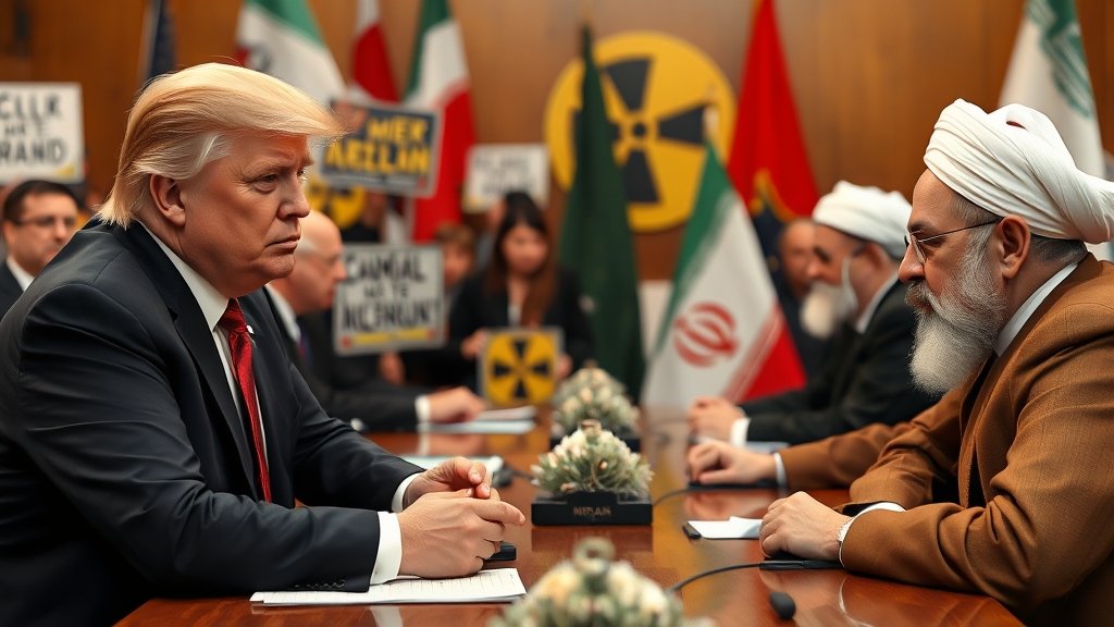 A photo of Donald Trump and Iranian leaders in a tense meeting, with a background of protests and nuclear symbols