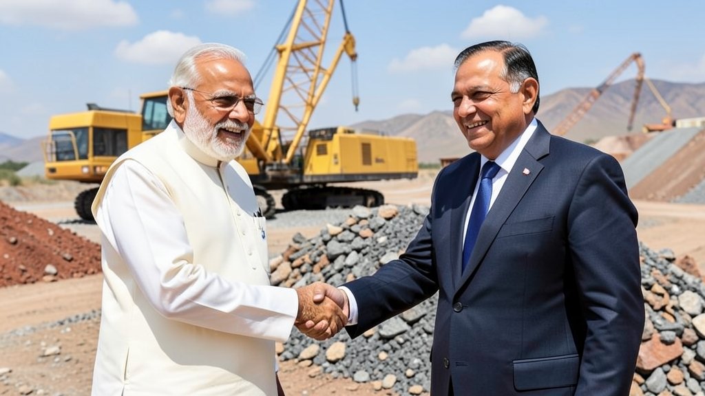 A photo of Indian Prime Minister Narendra Modi and Brazilian President Luiz Inácio Lula da Silva shaking hands, with a background of mining equipment and rare earth minerals.