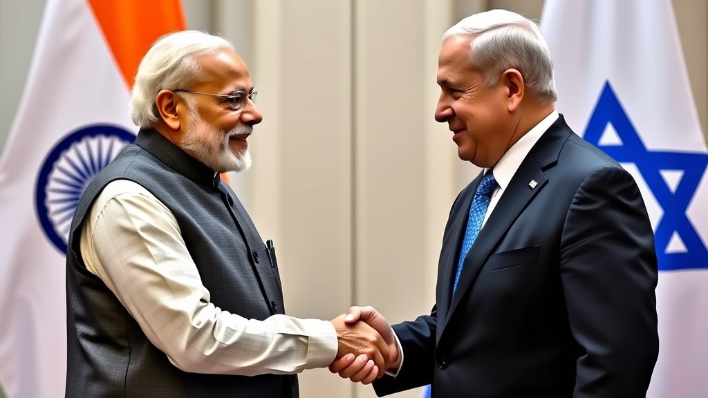 A photo of Prime Minister Narendra Modi and Israeli Prime Minister Benjamin Netanyahu shaking hands, with a backdrop of Indian and Israeli flags, symbolizing the strengthening of diplomatic ties between the two nations.
