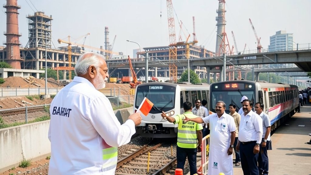 A photo of Prime Minister Modi flagging off the Namo Bharat train and India's fastest metro in Meerut, with a backdrop of the city's infrastructure development