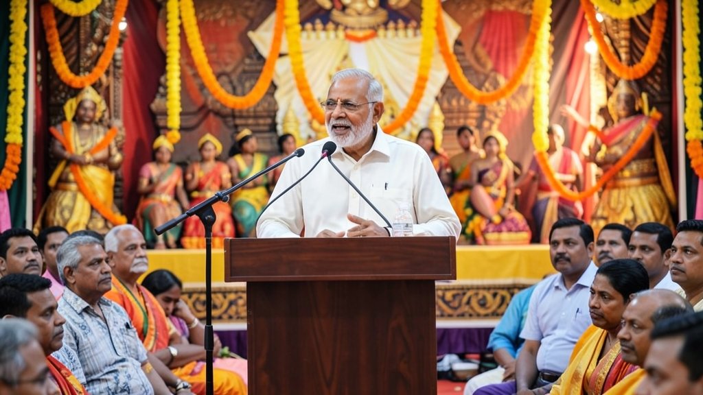 A photo of PM Modi speaking at a podium with a backdrop of a traditional Kerala festival, with people in the foreground listening intently.