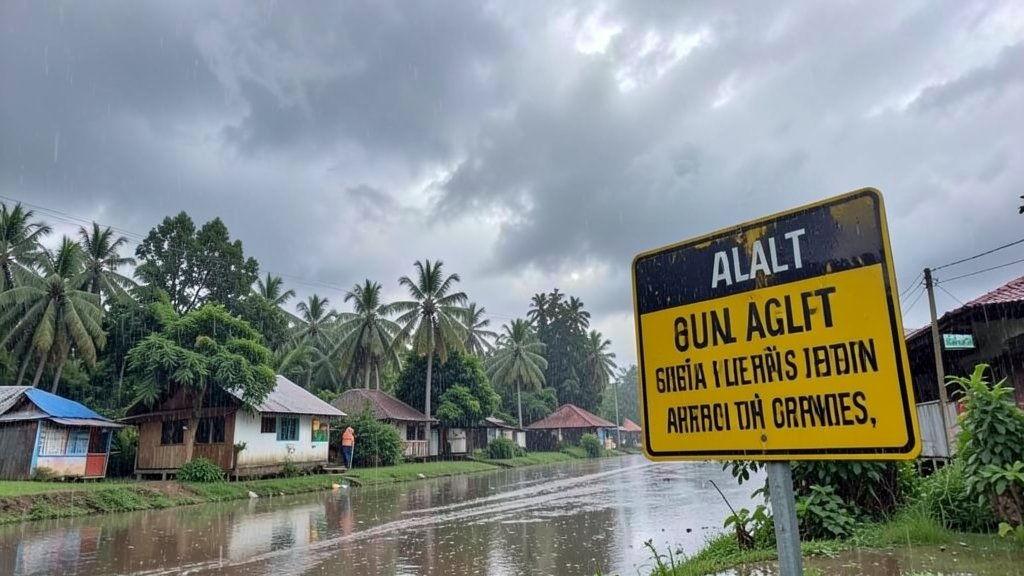 A photo of a rainy day in Kerala with dark clouds and a yellow alert sign in the foreground