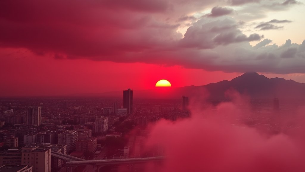 A dramatic image of a Mexican city with a bold, red filter, symbolizing the bloodshed and violence associated with the cartels, and a subtle hint of a new dawn or a sunrise in the background, representing the potential for a new era of peace and stability.