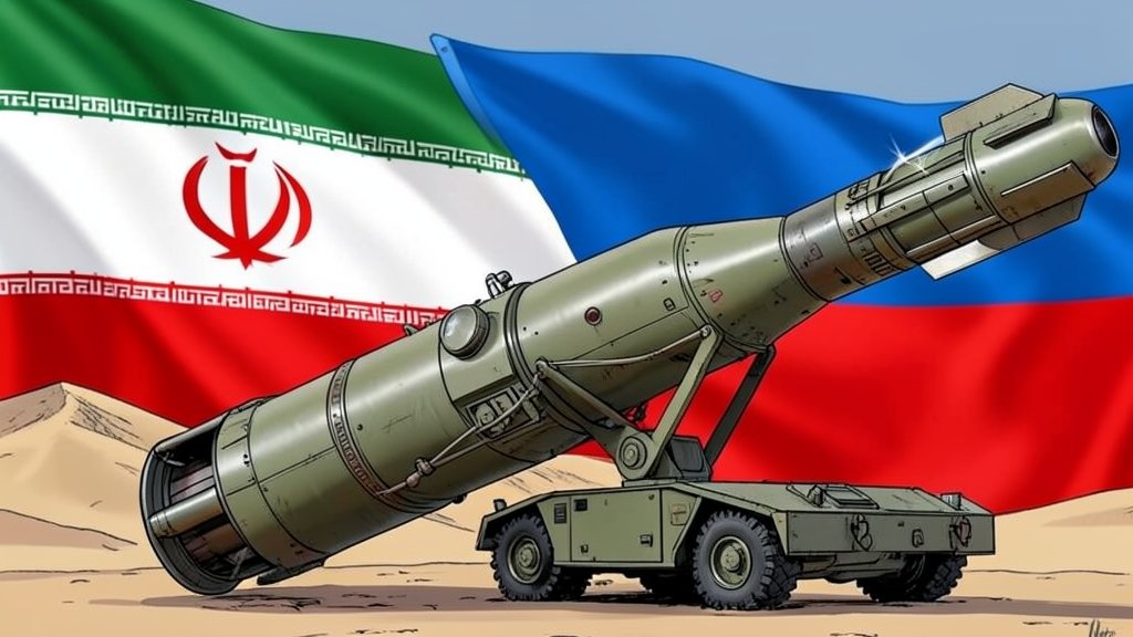 A detailed illustration of a shoulder-fired missile system with the Iranian and Russian flags in the background, symbolizing the secret missile deal between the two countries.