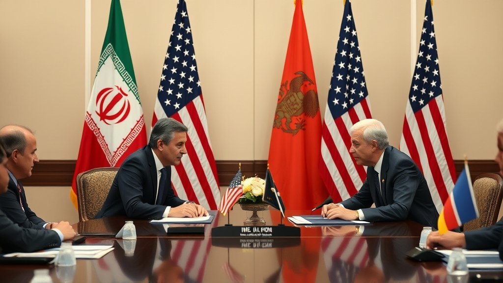 A photograph of Iranian and American diplomats sitting across a negotiating table with a backdrop of flags from both countries