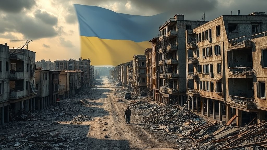 A dramatic image of a cityscape with destroyed buildings and debris-filled streets, with a faint image of a Ukrainian flag in the background, symbolizing the devastating impact of the war on civilians and infrastructure.