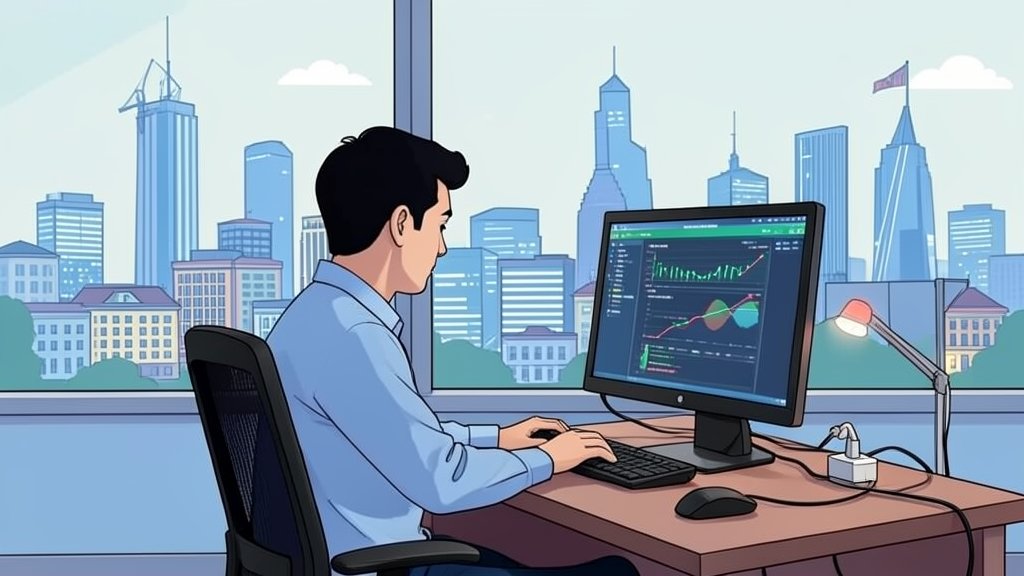 An illustration of a person working on a computer with a cityscape in the background, representing the growth of India's IT industry