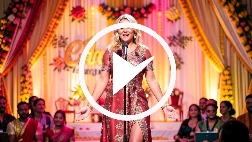 A photo of Taylor Swift performing on stage with a Indian wedding backdrop, with a fact-checking symbol overlaid on the image