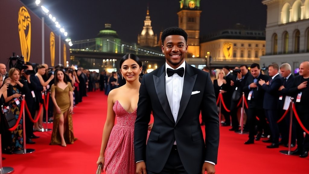 A photo of the red carpet at the BAFTA 2026 film awards, with celebrities such as Alia Bhatt and Michael B Jordan walking and posing for cameras, with a backdrop of the BAFTA logo and a cityscape at night.