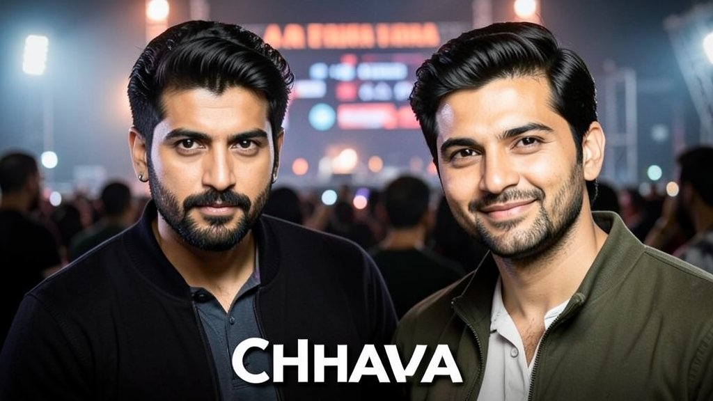A photo of AR Rahman and Vicky Kaushal with a blurred background of a film set, symbolizing the controversy surrounding the movie Chhaava.