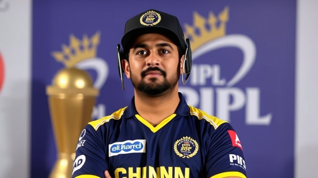 A photo of MS Dhoni in his cricket gear, with a subtle background of the Chennai Super Kings logo and a hint of the IPL 2026 trophy