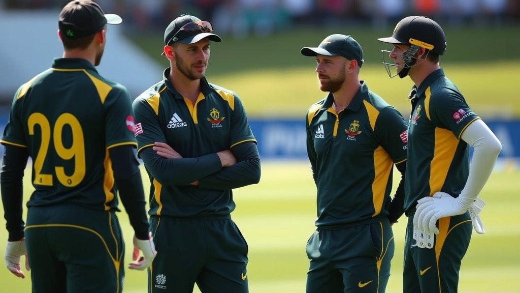 A photo of the Australian cricket team in action, with a focus on the captain and coach discussing strategies during a match.