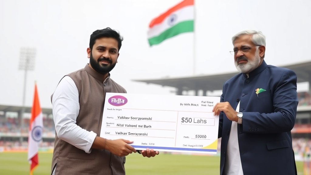 A photo of Vaibhav Sooryavanshi receiving a cheque of 50 lakhs from Bihar Chief Minister Nitish Kumar, with a background of cricket stadium and Indian flag