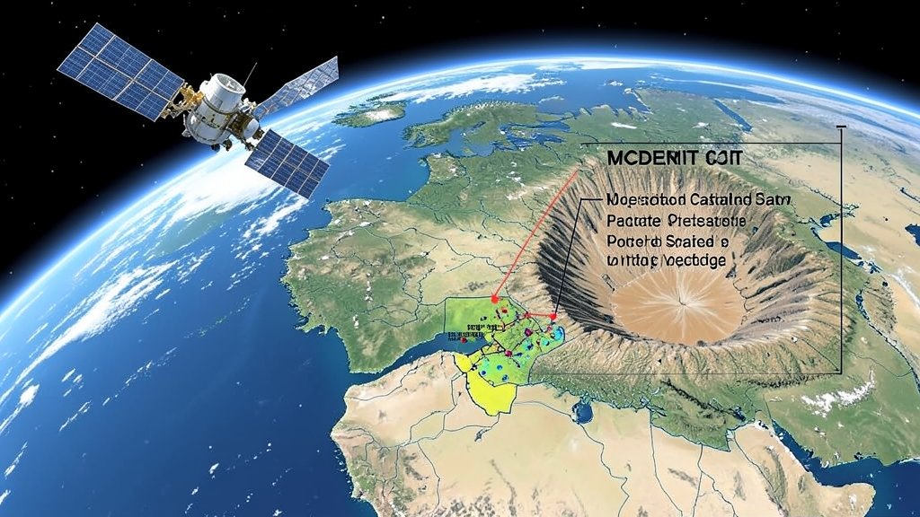 An illustration of the EMIT satellite in orbit above the Earth, with a map of the McDermitt caldera in the background, highlighting the geological units and features that can be predicted using the satellite's data.