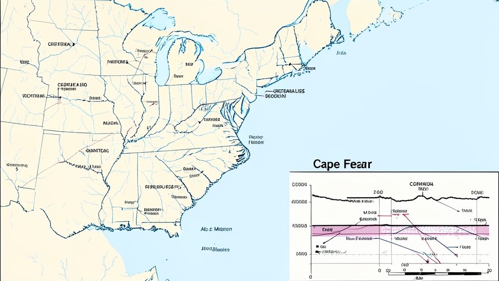 A geological map of the Cape Fear region in the central US Atlantic margin, with various stratigraphic units and formations labeled, and a cross-section illustrating the Cenozoic sequence stratigraphy.