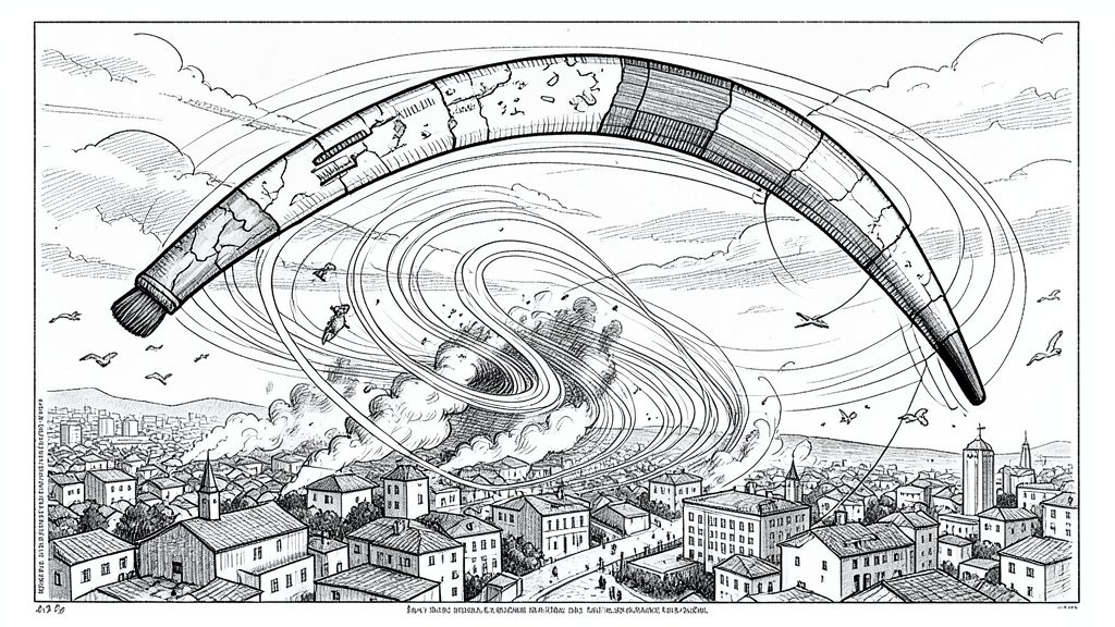 a detailed illustration of a boomerang earthquake, showing the movement of tectonic plates and the resulting seismic waves, with a cityscape in the background to convey the potential impact on human populations
