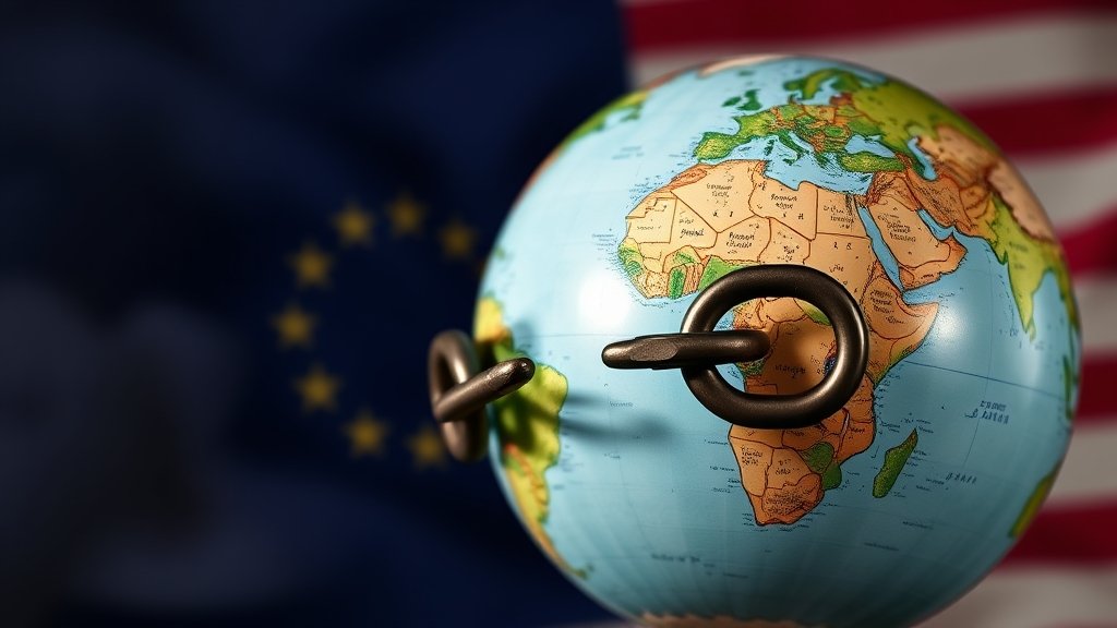 A picture of a globe with a broken chain, symbolizing the impact of tariffs on global trade, with a faint image of the American and European flags in the background