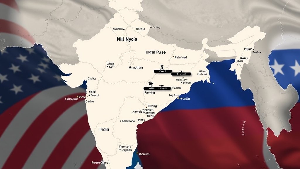A map of India with oil tankers and refineries marked, with a subtle background of the American and Russian flags