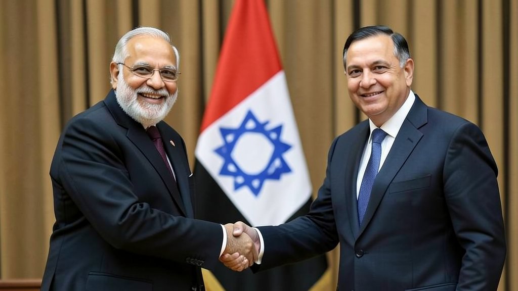 A photo of Indian Prime Minister Narendra Modi and Israeli Prime Minister Benjamin Netanyahu shaking hands, with a Palestinian flag in the background