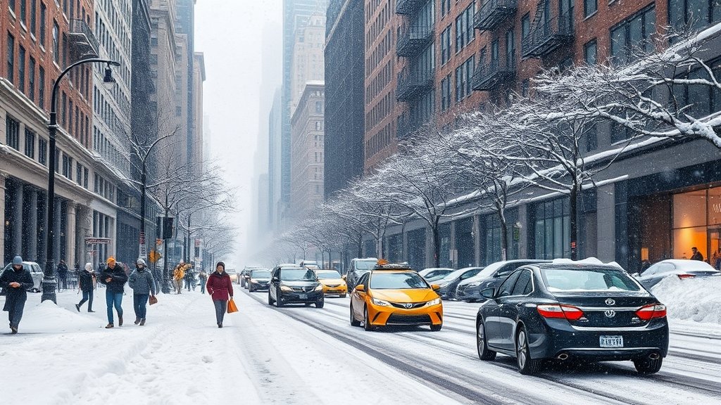 A photo of a snow-covered street in New York City with people walking and cars driving through the snow, with a caption "New York City under snow"