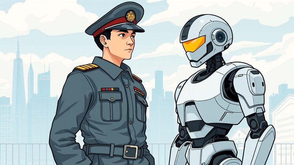 A detailed illustration of a person in a military uniform standing next to a robot, with a cityscape in the background, highlighting the intersection of human decision-making and artificial intelligence in defense.