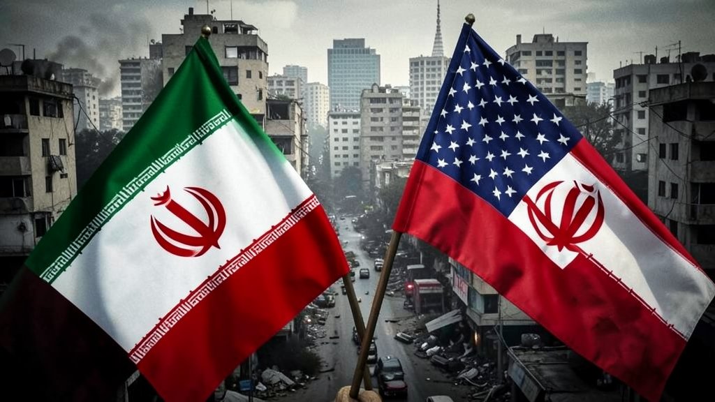 A photo of Iranian and American flags with a background of a tense cityscape, symbolizing the rising tensions between the two nations