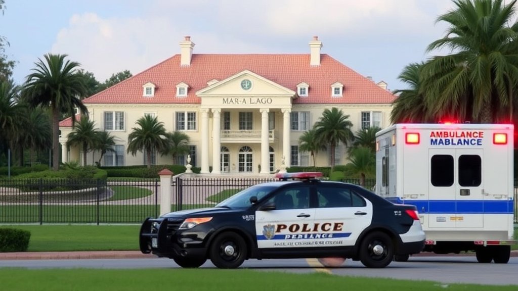 A photo of the Mar-a-Lago estate with a police car and ambulance in the foreground, and a hint of a security fence in the background.