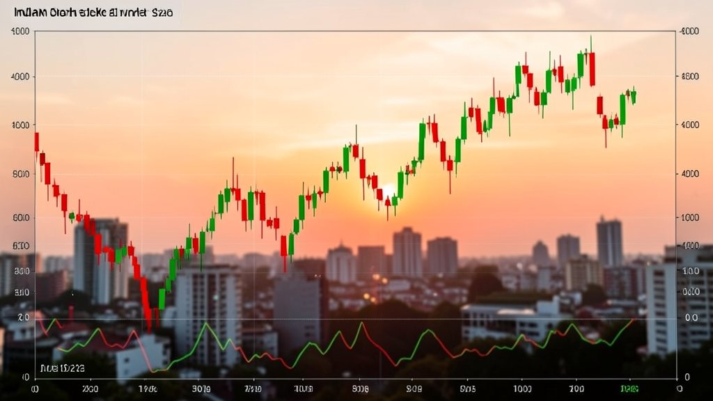 A graph showing the trend of the Indian stock market with a mix of red and green candles, indicating a volatile day of trading, with a background of a cityscape at sunset.