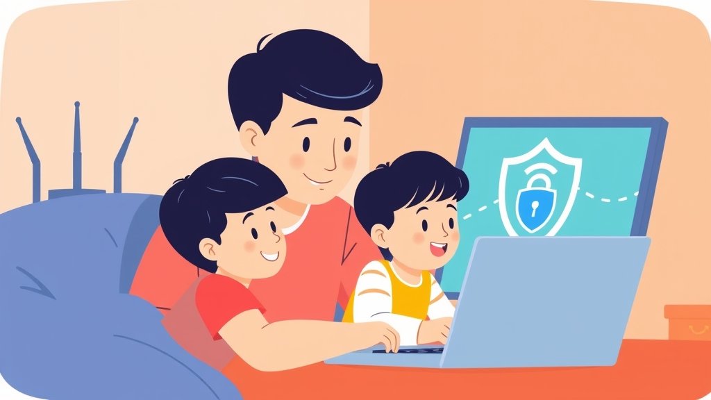 A illustration of a parent and child using a laptop together, with a WiFi router in the background and a shield or a lock icon on the screen, symbolizing safe internet browsing.