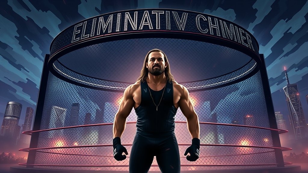 A dramatic illustration of a wrestler standing in front of a large, ominous Elimination Chamber structure with a cityscape of Chicago in the background.