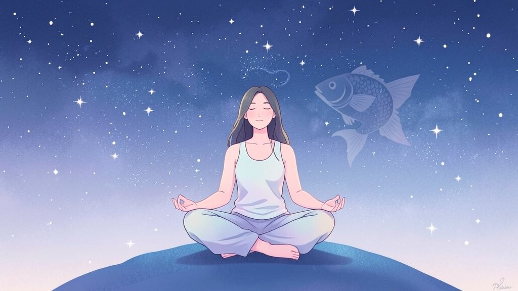 A serene and dreamy illustration of a person meditating under the stars, with a subtle fish symbol in the background, representing the Pisces zodiac sign.