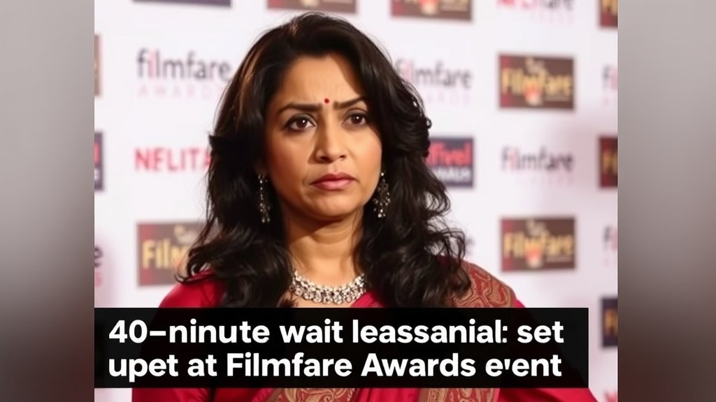 A photo of Anjali looking upset at the Filmfare Awards event, with a caption that reads "40-minute wait leaves Anjali upset at Filmfare Awards event"