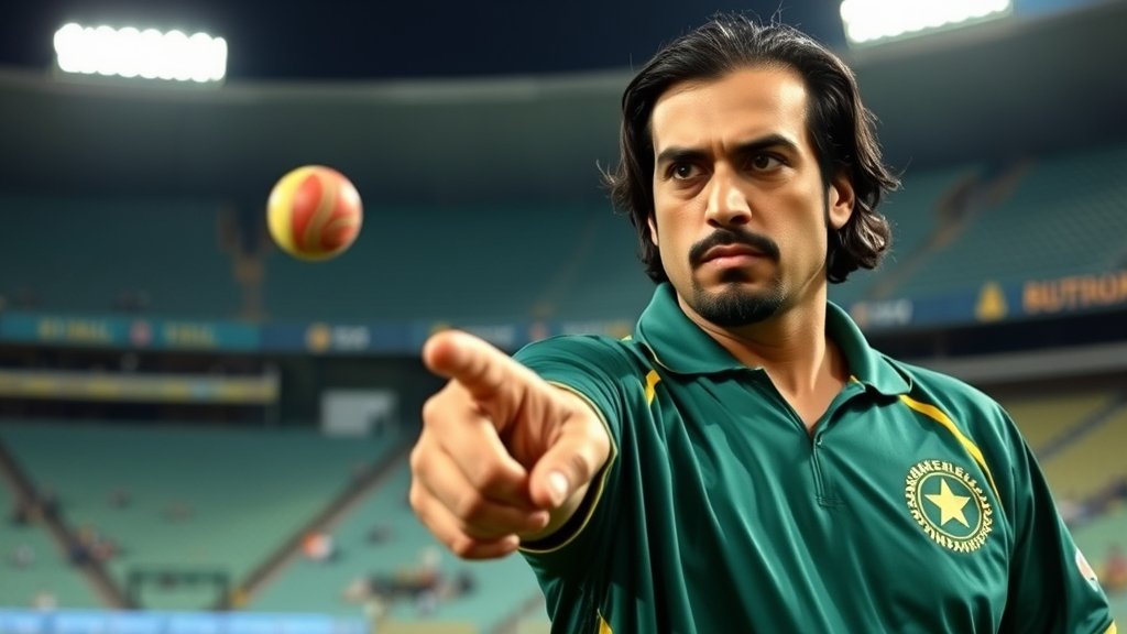 A photo of Shoaib Akhtar in a cricket stadium, with a serious expression, pointing towards the camera, with a cricket ball in the background.