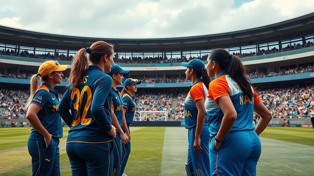 A dramatic image of the Australian and Indian women's cricket teams facing off on the field, with a stadium full of excited fans in the background.