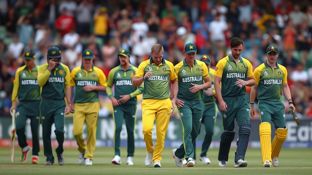 A photo of the Australian cricket team walking off the field, dejected, after losing a crucial match, with a blurred background of a packed stadium.