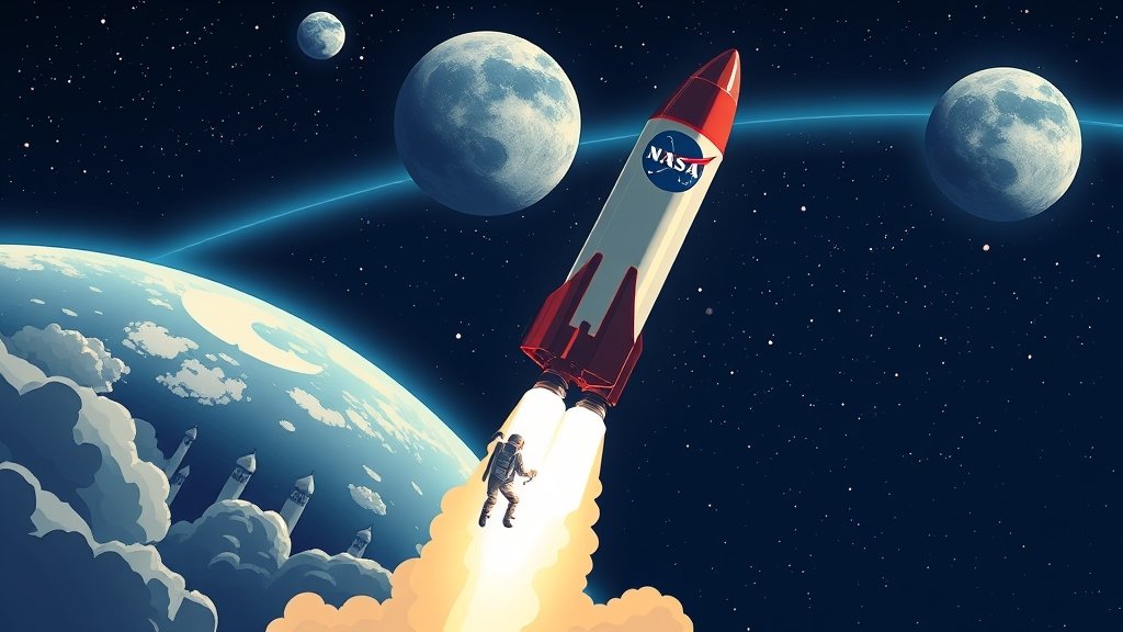 An illustration of a NASA rocket launching into space with the Earth in the background, carrying astronauts to the Moon.