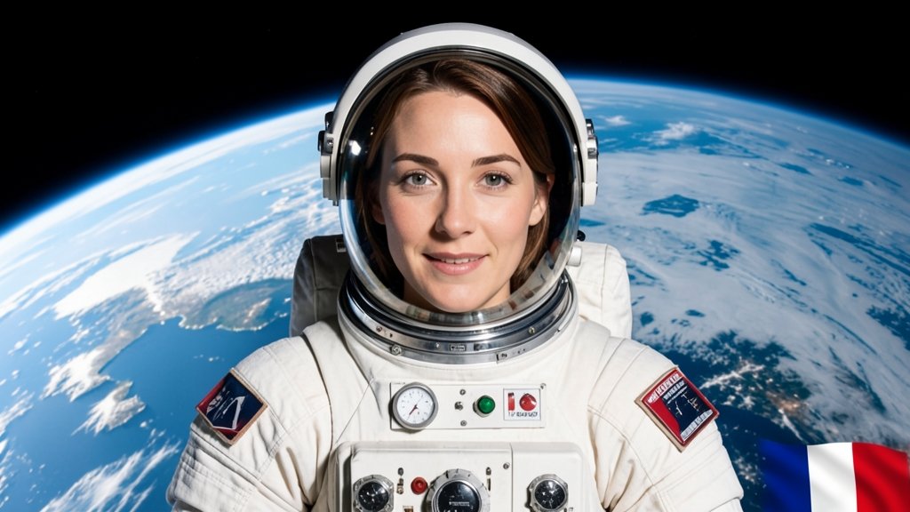 A photo of Sophie Adenot in her astronaut suit, with a backdrop of the Earth from space, and a subtle hint of the French flag in the corner.