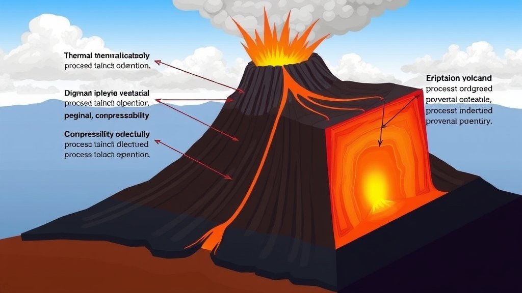 An illustration of a volcano with a cross-section showing the movement of magma and the effects of thermal weakening and compressibility on the eruption process