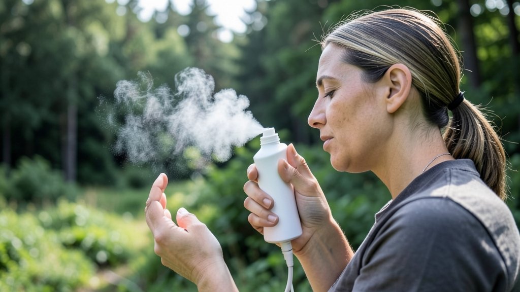 A picture of a person using a dry powder inhaler, with a subtle background of a forest or a green landscape, symbolizing the environmental benefits of this medical device.